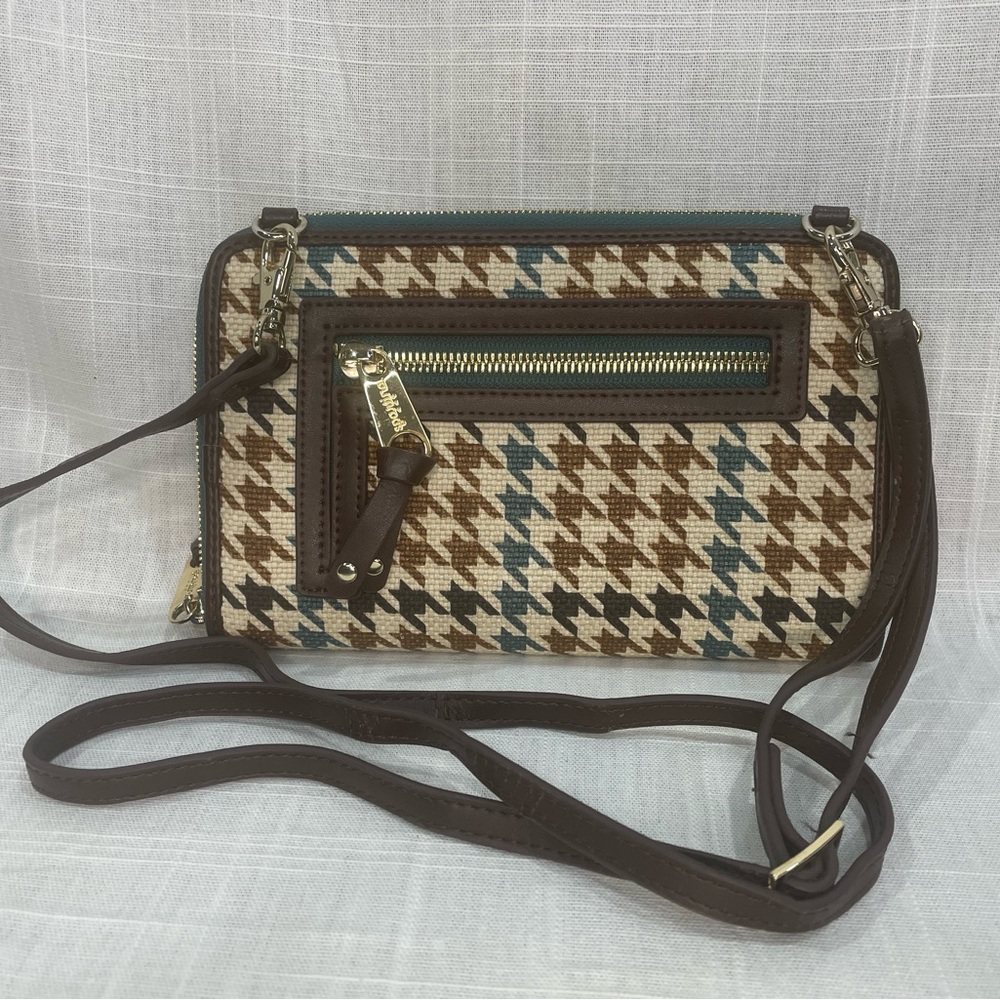 Spartina mini handbag crossbody leather linen wallet green brown houndstooth - Picture 8 of 14